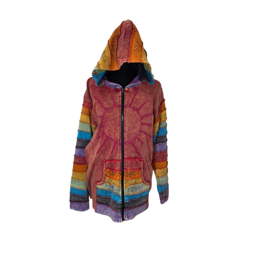 Womens XL Patchwork Hoodie Boho Hippie Fairy Grunge Sun Moon Zip Up Jacket